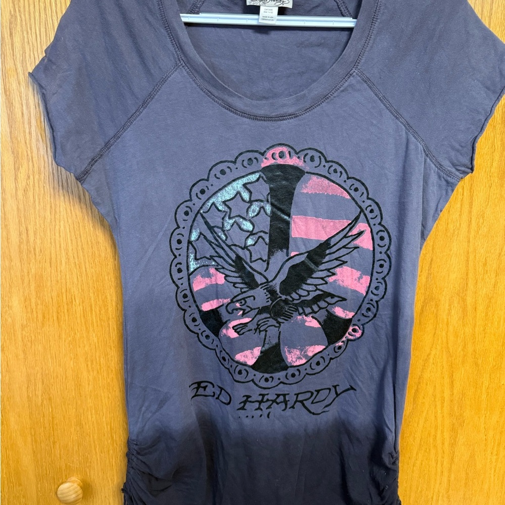 Ed Hardy woman’s Tee - Dark Gray with Pink Graphic